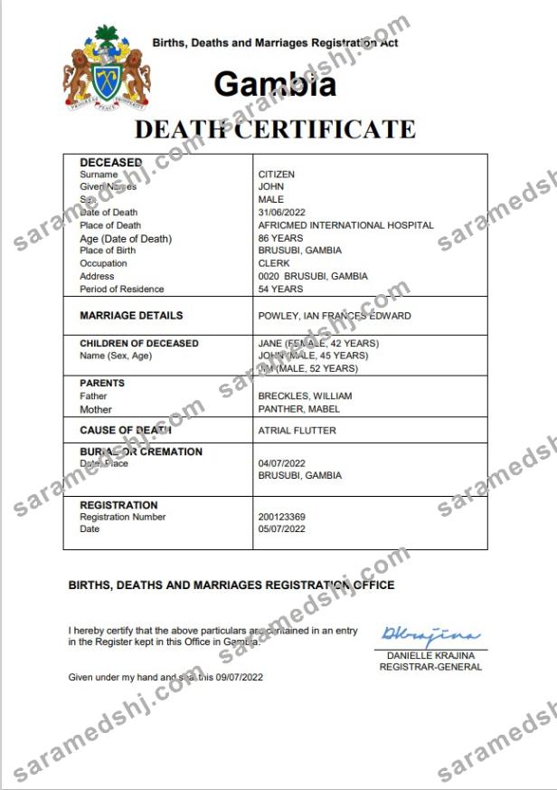 Gambia vital record death certificate Word and PDF